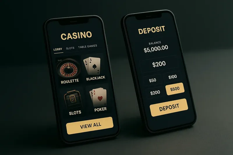 Two smartphones showing dark casino app lobby and deposit screen