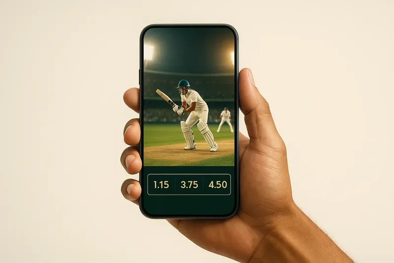 Hand holding smartphone showing live cricket match and real-time odds