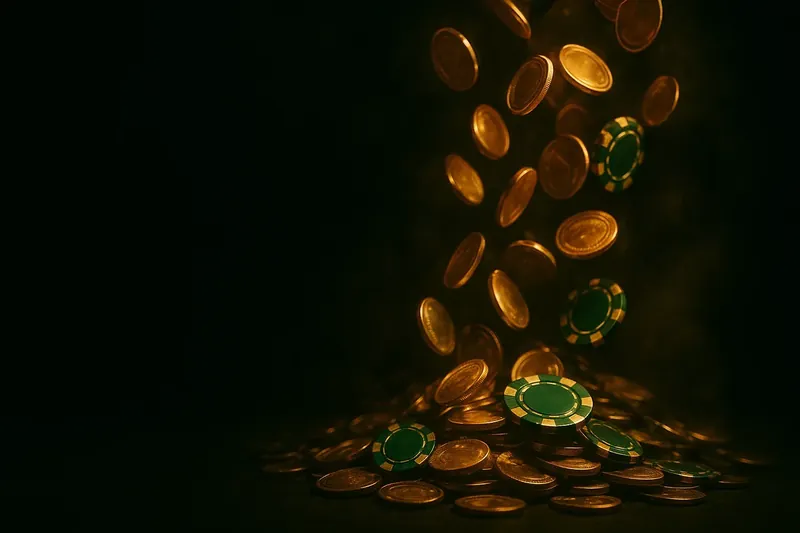 Golden coins and casino chips falling with green neon lighting