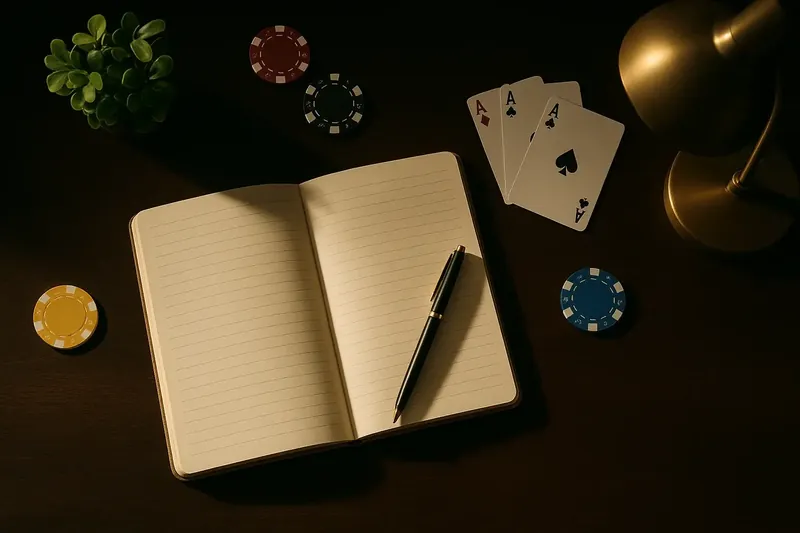 Overhead dark wood desk with notebook, casino chips, cards, plant