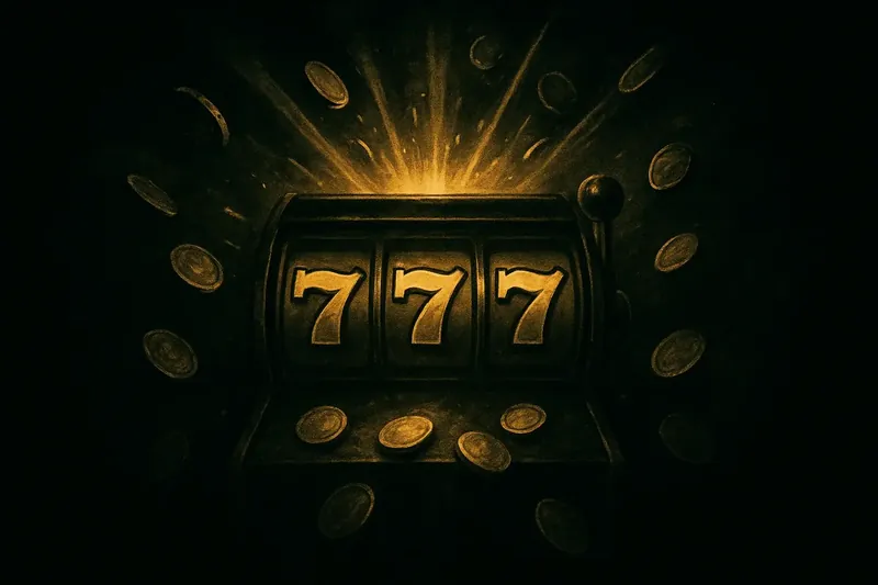 Slot machine jackpot with golden 777 symbols, coins, and neon light beams